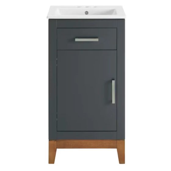 18” Dark Gray with Walnut  Base Undermount Single Sink  Bathroom Vanity White Engineered  Stone Top