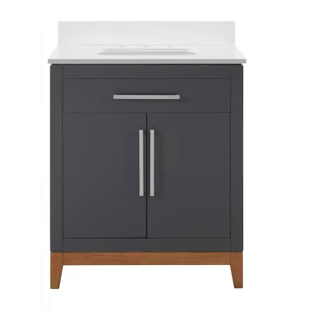 30” Dark Gray with Walnut  Base Undermount Single Sink  Bathroom Vanity White Engineered  Stone Top