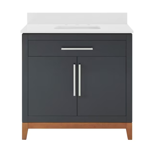 36” Dark Gray with Walnut  Base Undermount Single Sink  Bathroom Vanity White Engineered  Stone Top