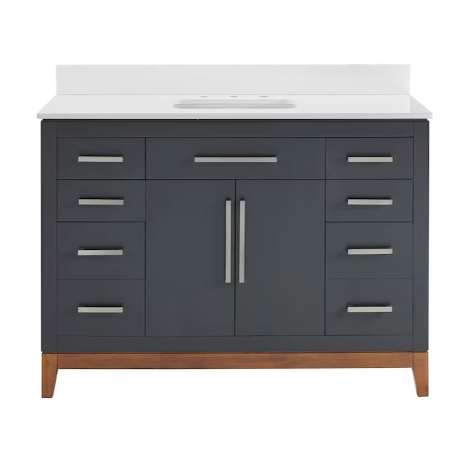 48” Dark Gray with Walnut  Base Undermount Single Sink  Bathroom Vanity White Engineered  Stone Top