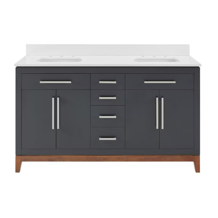 60” Dark Gray with Walnut  Base Undermount Single Sink  Bathroom Vanity White Engineered  Stone Top