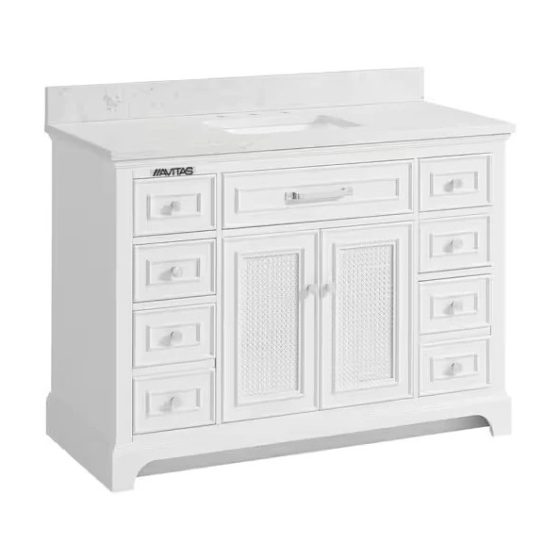 48”W x 22”D x 35”H Single Sink Free standing Bath Vanity in White with white Engineered Stone Top