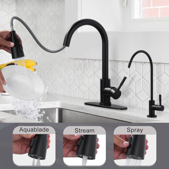 Stainless Steel Matte Black Pull Down Kitchen Faucet and Water Filter Faucet Combo