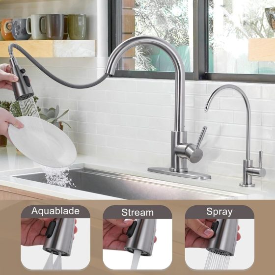 Stainless Steel Brushed Nickel Pull Down Kitchen Faucet and Water Filter Faucet Combo