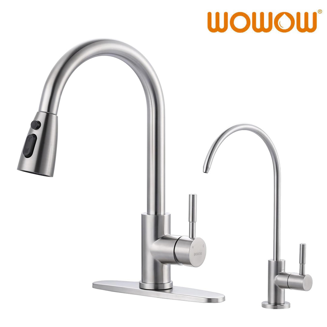 Stainless Steel Brushed Nickel Pull Down Kitchen Faucet and Water Filter Faucet Combo