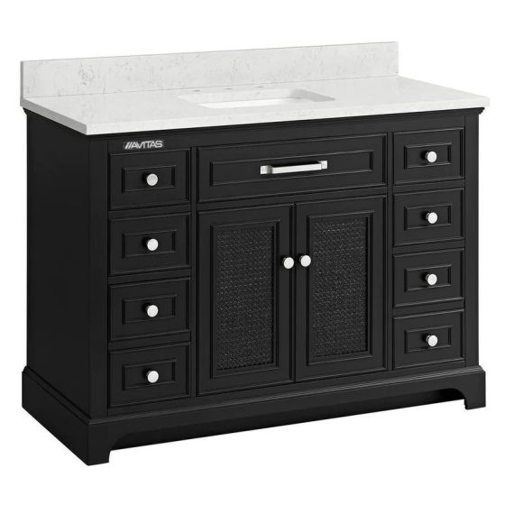 48”W x 22”D x 35”H Single Sink Free standing Bath Vanity in Black with white Engineered Stone Top