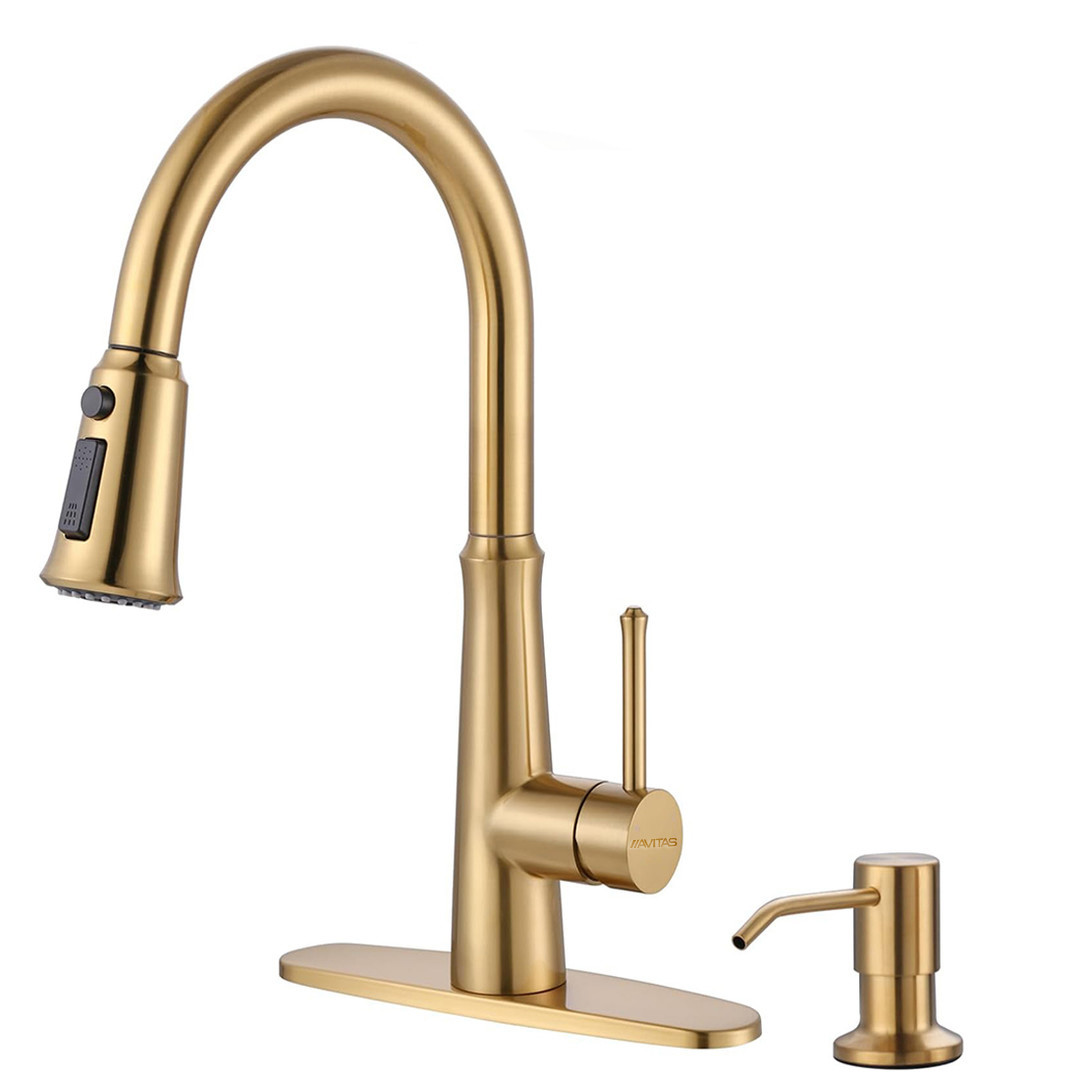 3 Functions Gold Single Handle Pull Down Kitchen Faucet with Soap Dispenser