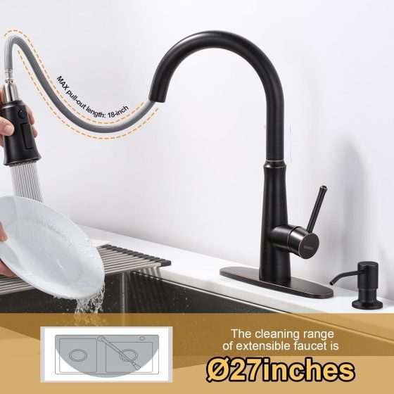 Bronze Pull Out Kitchen Faucet with Soap Dispenser Stainless Steel High Arc