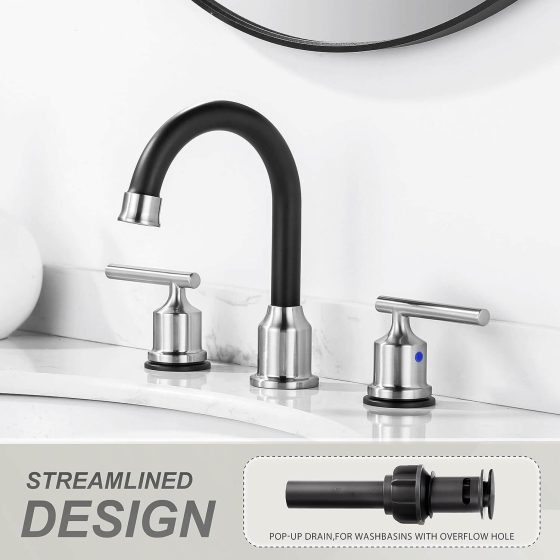 3 Hole Widespread Black and Brushed Nickel Bathroom Faucet with Drain and Supply Lines