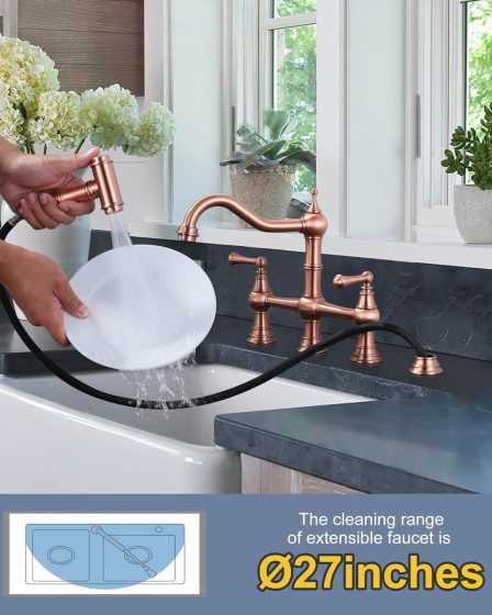 4 Hole Copper Bridge Kitchen Faucet With Side Sprayer