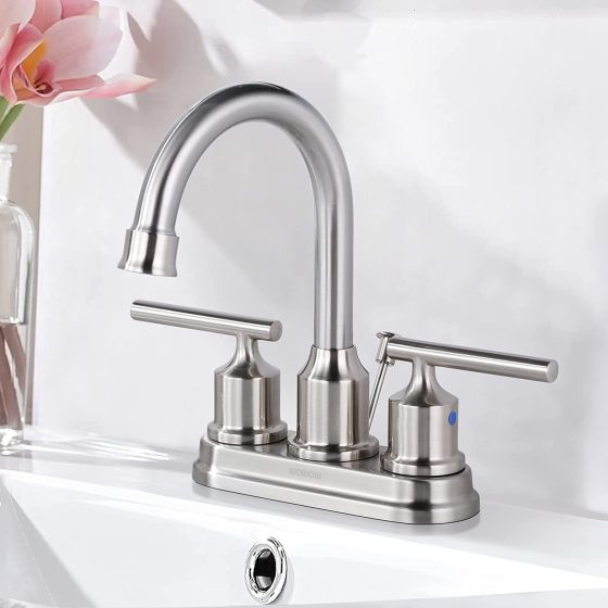 4 Inch 3 Hole Centeret Brushed Nickel Bathroom Sink Faucet with Drain and Hose