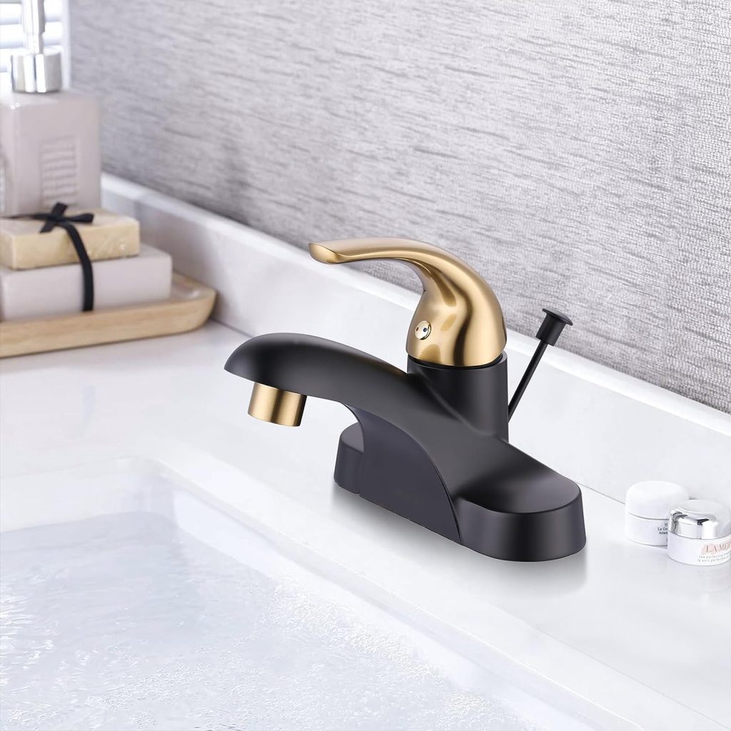 4 Inch Single Handle Black and Gold Bathroom Sink Faucet with Lift Rod Drain Assembly