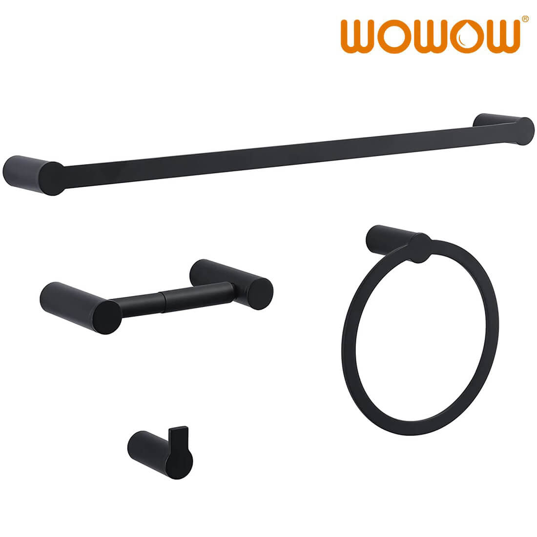 4 Piece Bathroom Hardware Set Matte Black Includes 24 Inch Towel Bar, Toilet Paper Holder, Towel Ring, Robe Hook