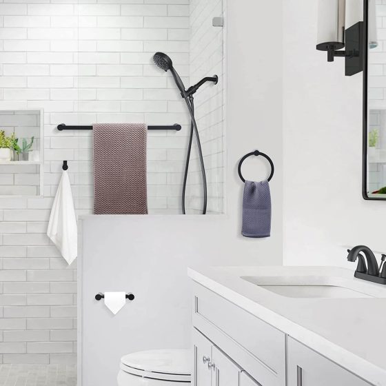 4 Piece Bathroom Hardware Set Matte Black Includes 24 Inch Towel Bar, Toilet Paper Holder, Towel Ring, Robe Hook