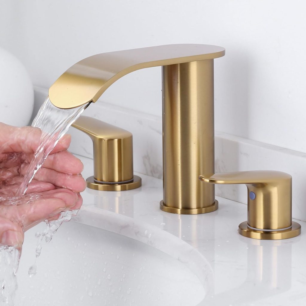 8 Inch Brushed Gold Waterfall Widespread Bathroom Faucet with Pop-up Drain & Supply Hoses