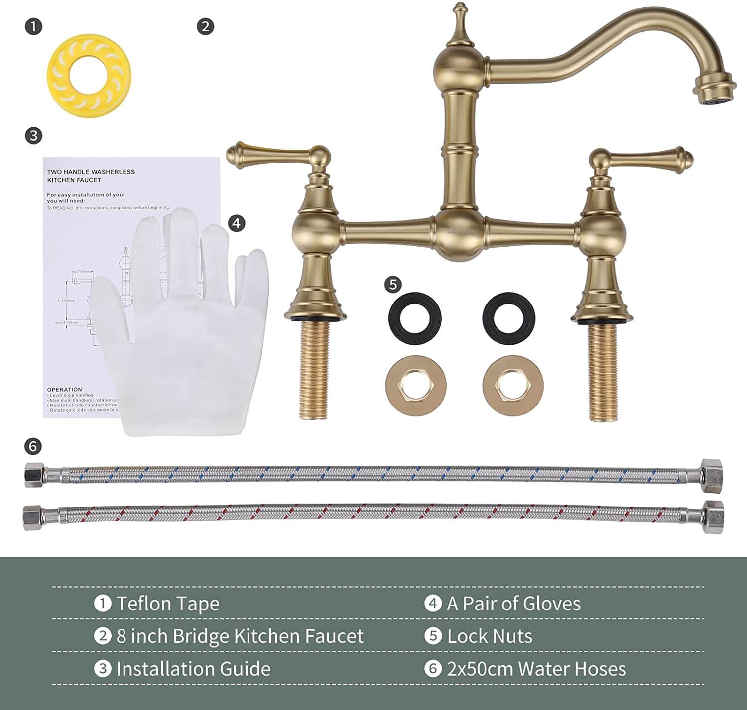 8 Inch Farmhouse Gold Bridge Kitchen Faucet Kitchen Tap Vintage