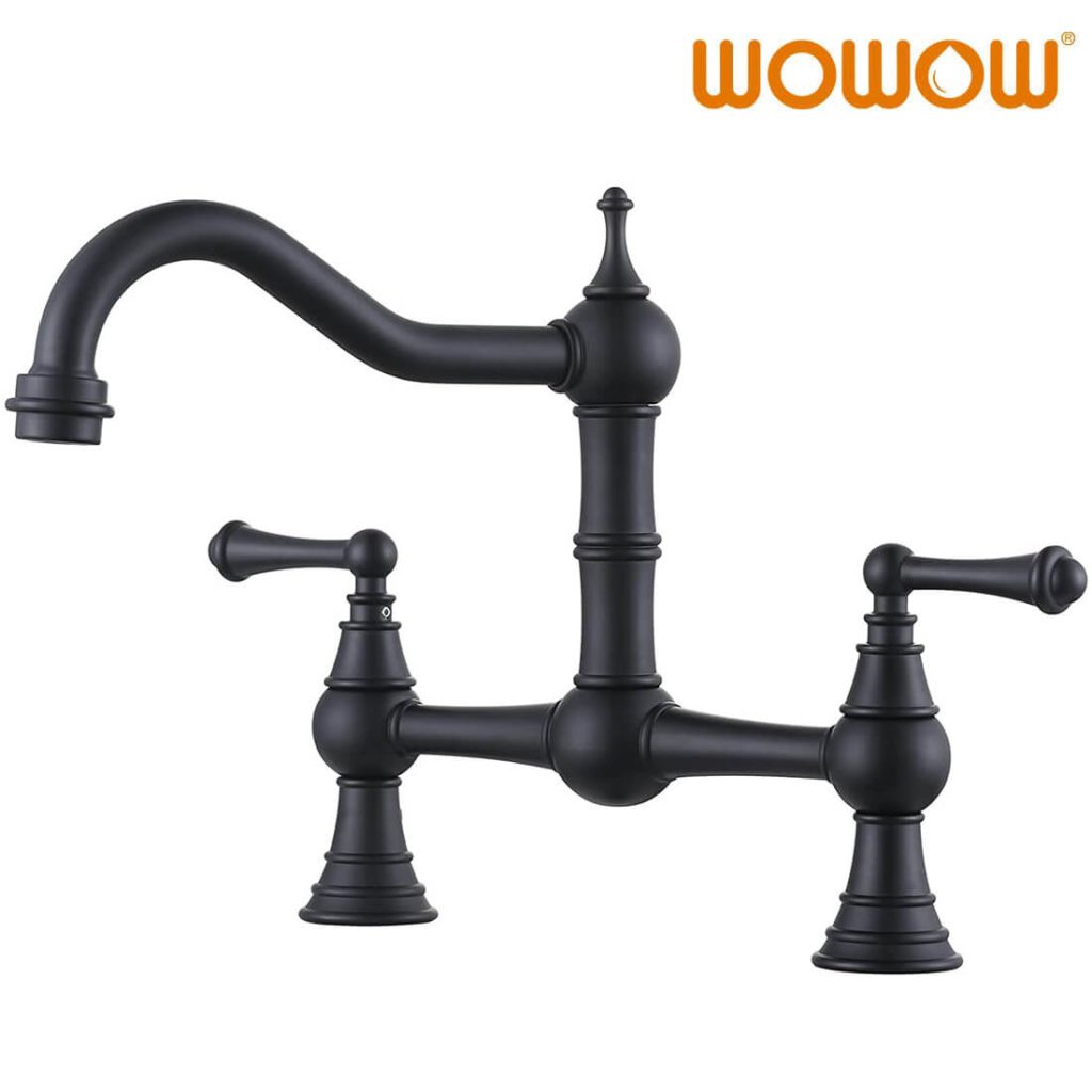 Black 2 Hole Vintage Antique Brass Farmhouse Bridge Kitchen Faucet