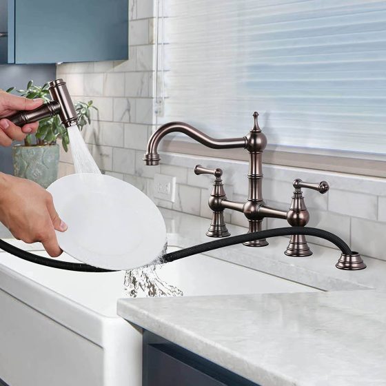 Bronze Centerset Bridge Kitchen Faucet 4 Hole with Side Sprayer