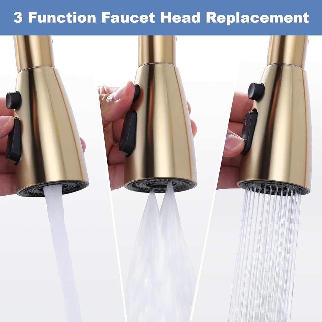 Brushed Gold 3 Function Kitchen Faucet Head Replacement, US Standard