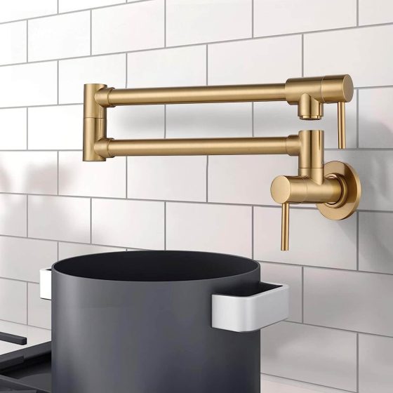 Brushed Gold Wall Mounted Stretchable Folding Pot Filler Faucet Over Stove