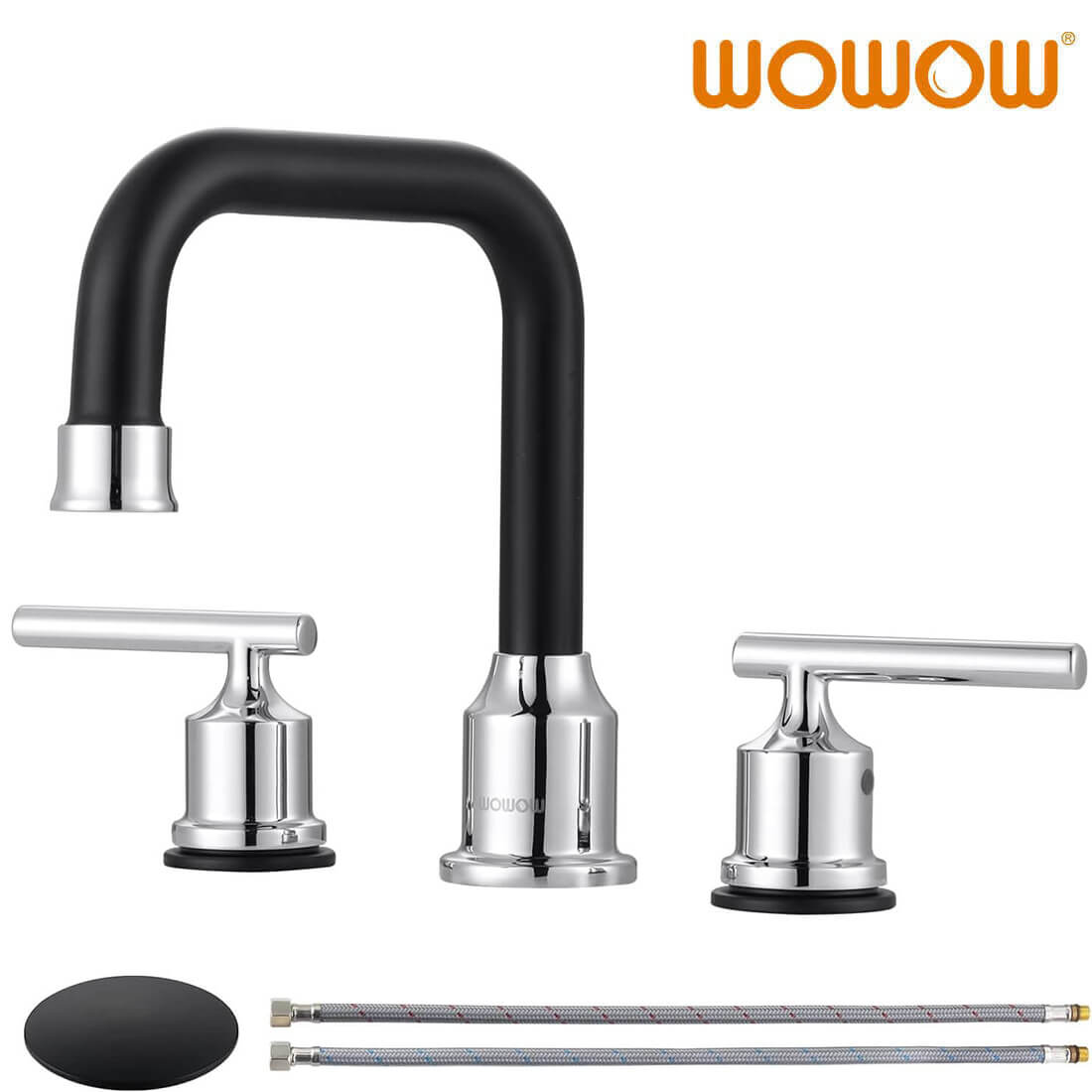 Matte Black and Chrome 3 Hole Widespread Bathroom Sink Faucet with Pop Up Drain Assembly