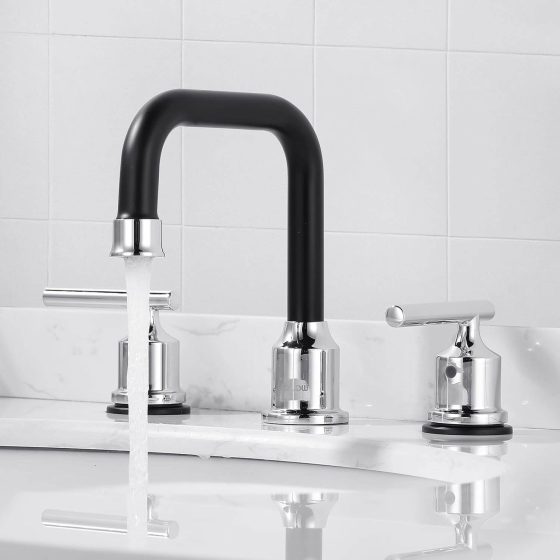 Matte Black and Chrome 3 Hole Widespread Bathroom Sink Faucet with Pop Up Drain Assembly