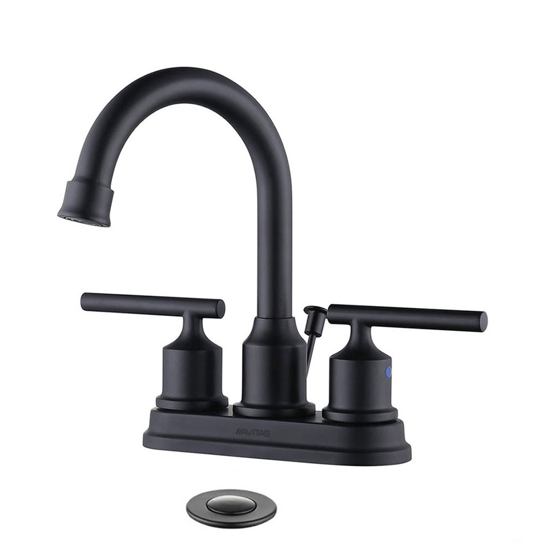 2 Handle 4 Inch Black Centerset Bathroom Faucet with Lift Rod Drain Stopper and Supply Hoses