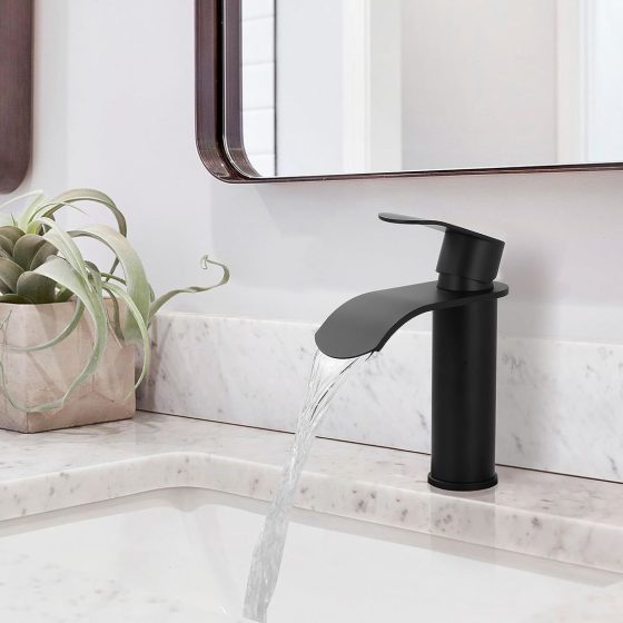 Matte Black Single Handle Waterfall Spout Bathroom Faucet with Deck Plate