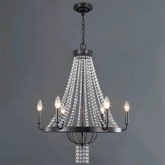 Modern Elegant Glass Crystal Chandelier, Black Metal Frame Ceiling Lighting Fixture (6 Lights)