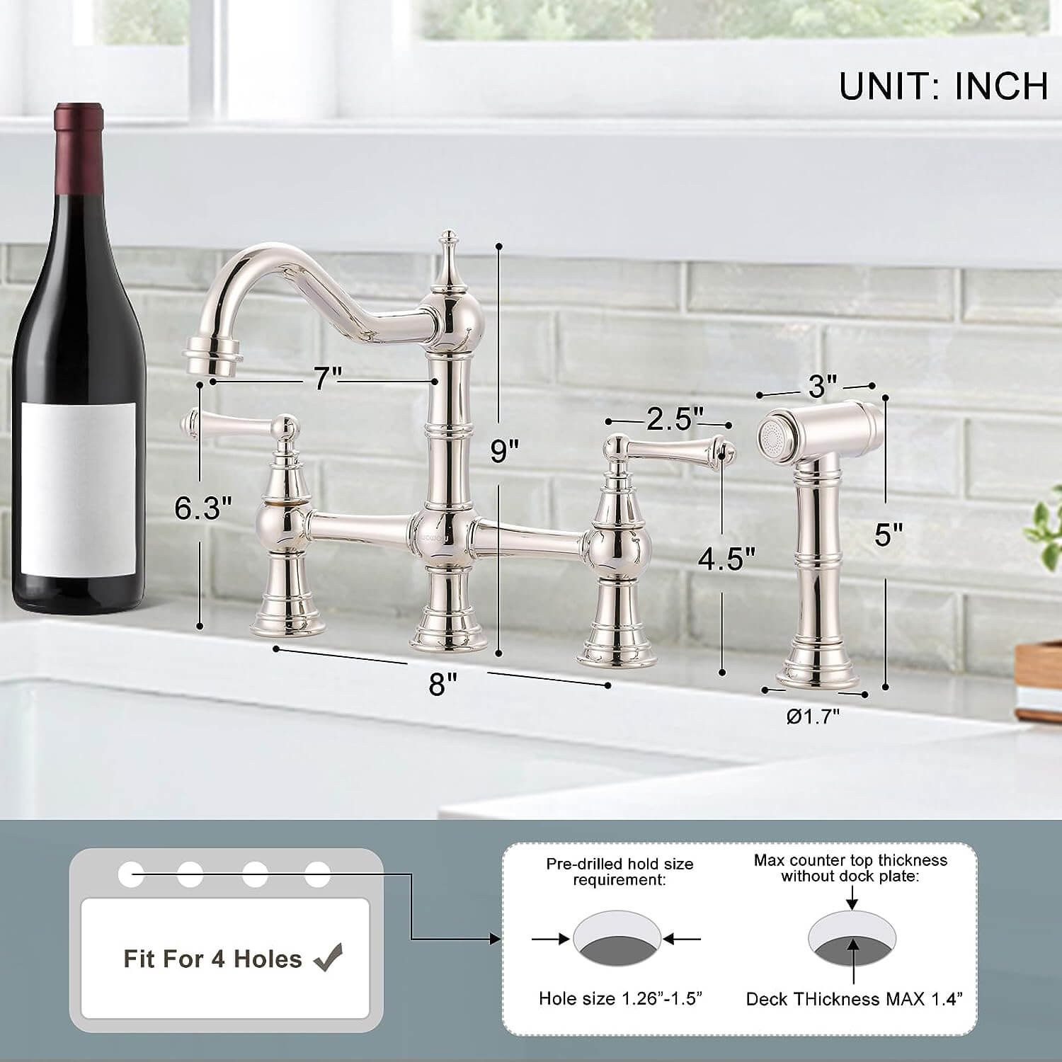 Solid Brass Polished Nickel Bridge Kitchen Faucet with Side Sprayer