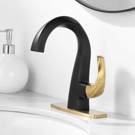 Single Handle Black and Gold Bathroom Faucet with Pop Up Drain