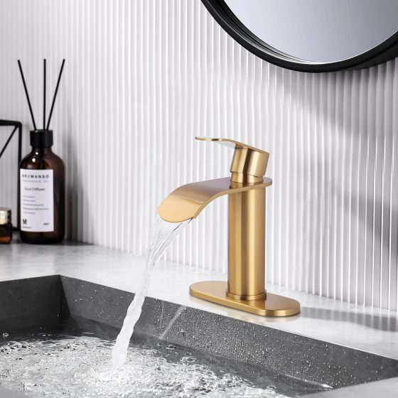 Single Handle Brushed Gold Waterfall Bathroom Faucet with Deck Plate (1 Or 3 Hole)