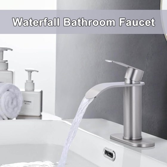 Single Handle Brushed Nickel Waterfall Spout Bathroom Faucet with Deck Plate