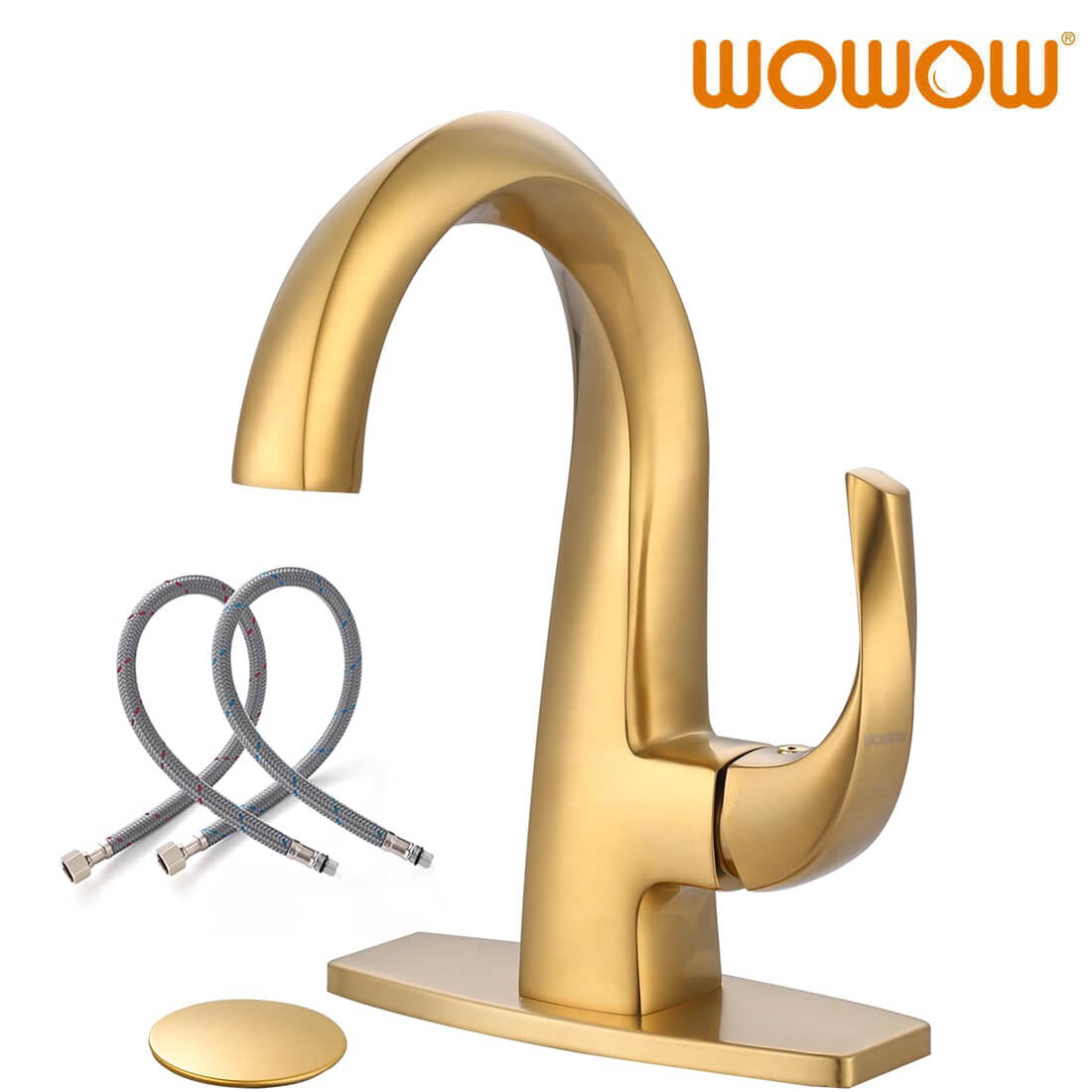 Single Handle High Arc Brushed Gold Bathroom Faucet with Pop Up Drain