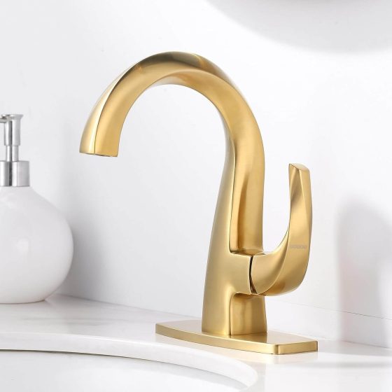 Single Handle High Arc Brushed Gold Bathroom Faucet with Pop Up Drain