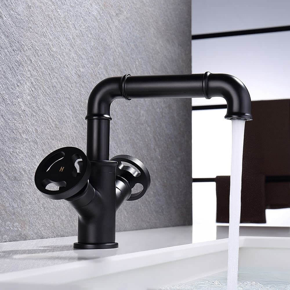 Matte Black Single Hole Two Handle Industrial Pipe Bathroom Faucet