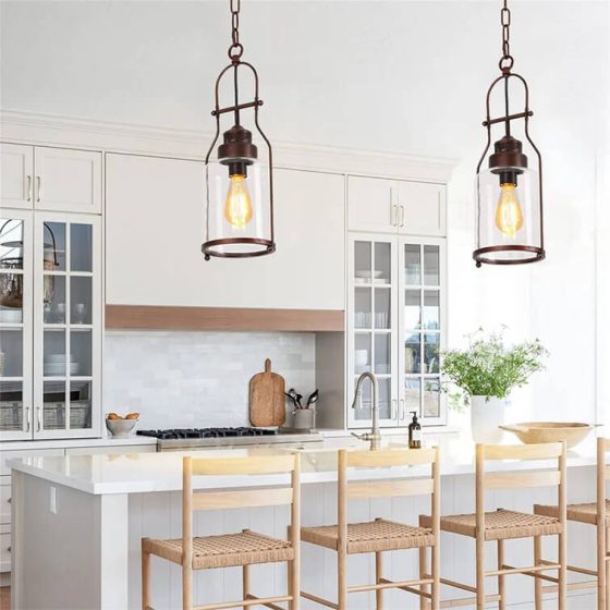 Vintage Antique Brass and Glass Pendant Light Fixtures for Kitchen Island