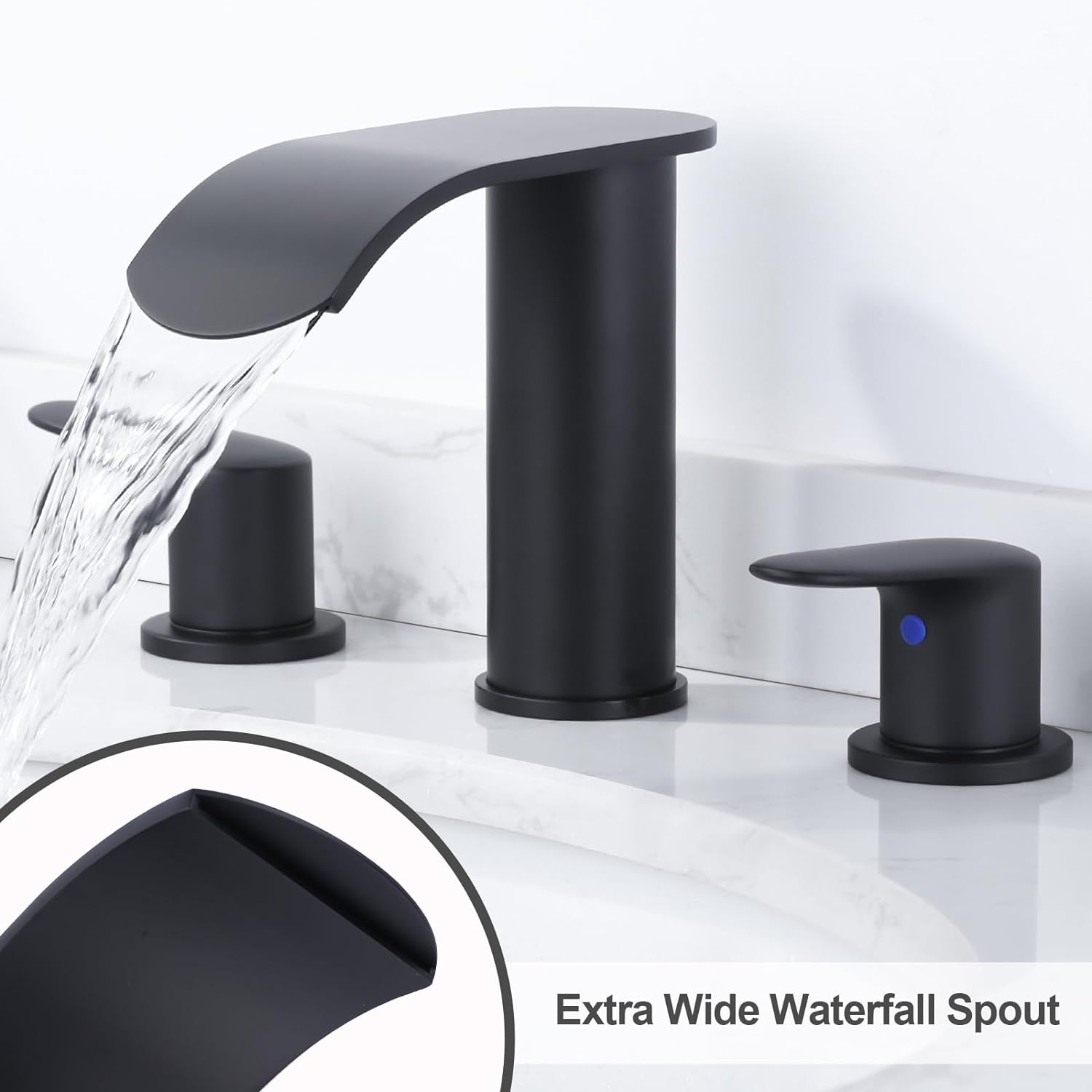 Waterfall 8 Inch Matte Black Widespread Bathroom Sink Faucet with Pop-up Drain & Supply Hoses