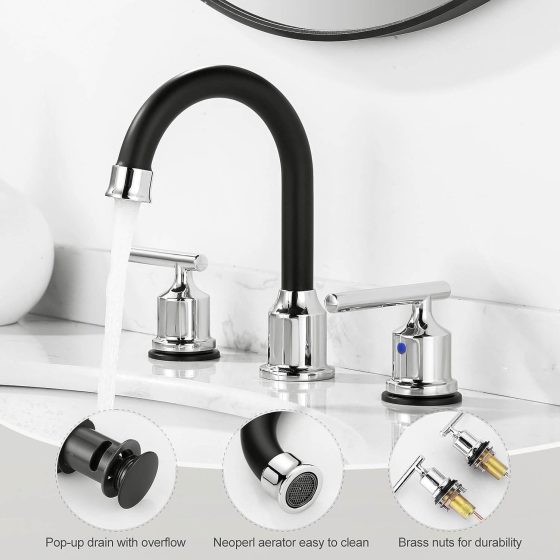 Widespread 3 Hole Matte Black and Chrome Bathroom Faucet with Drain and Supply Lines