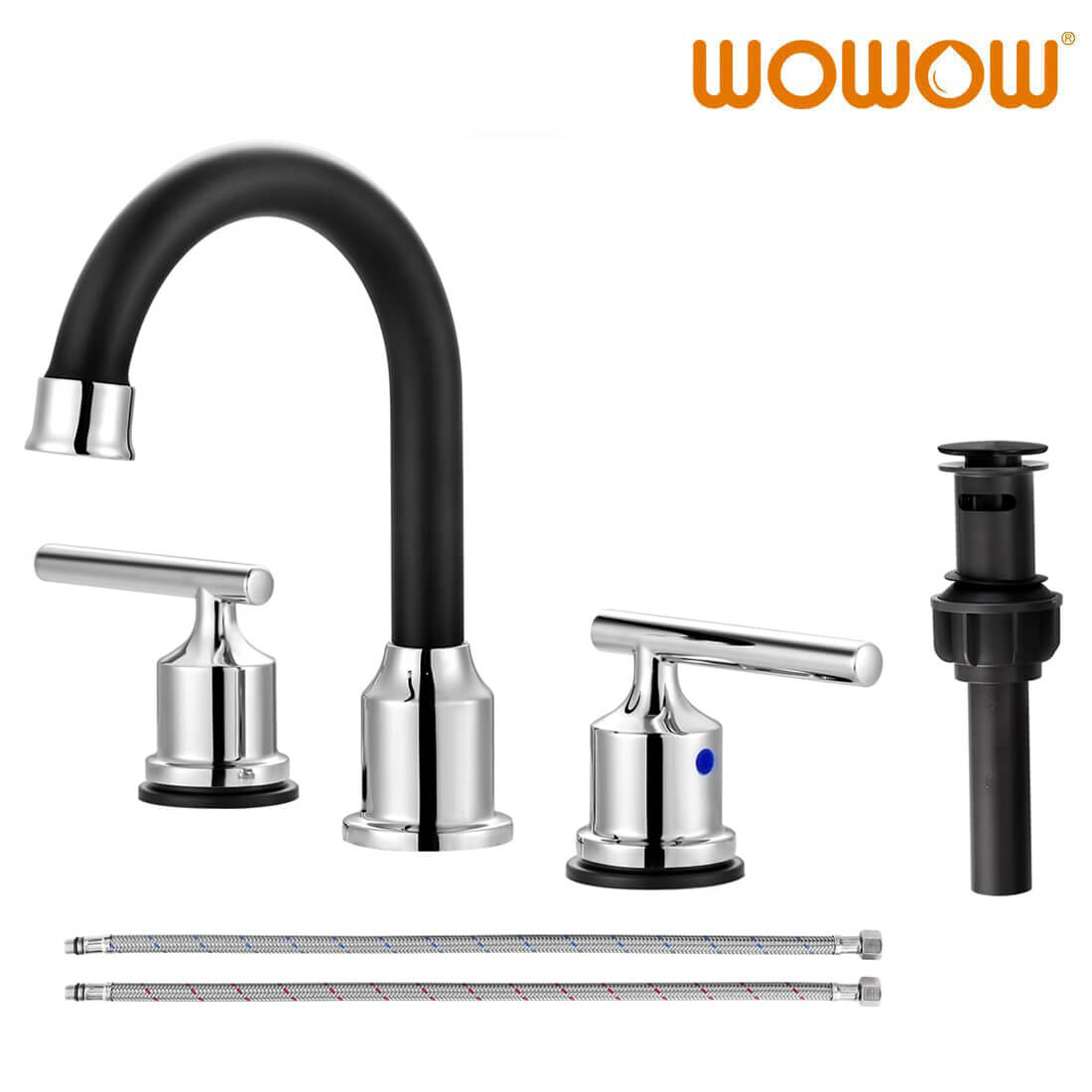 Widespread 3 Hole Matte Black and Chrome Bathroom Faucet with Drain and Supply Lines